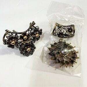 Vintage Gold Tone Filigree Scarf Clip Ring Floral Blush Silver Faux Pearl Lot 2x